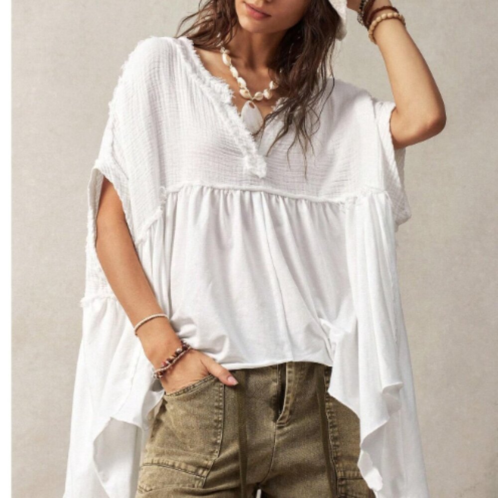 SHEIN White Boho Gauze V-Neck Cropped Tunic